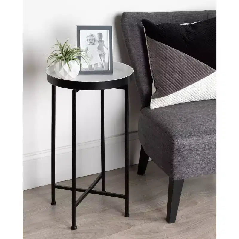 Round Metal Foldable Tray Accent Table – Black & Gold, 14" Tray, 25.75"H, Magnetic Top