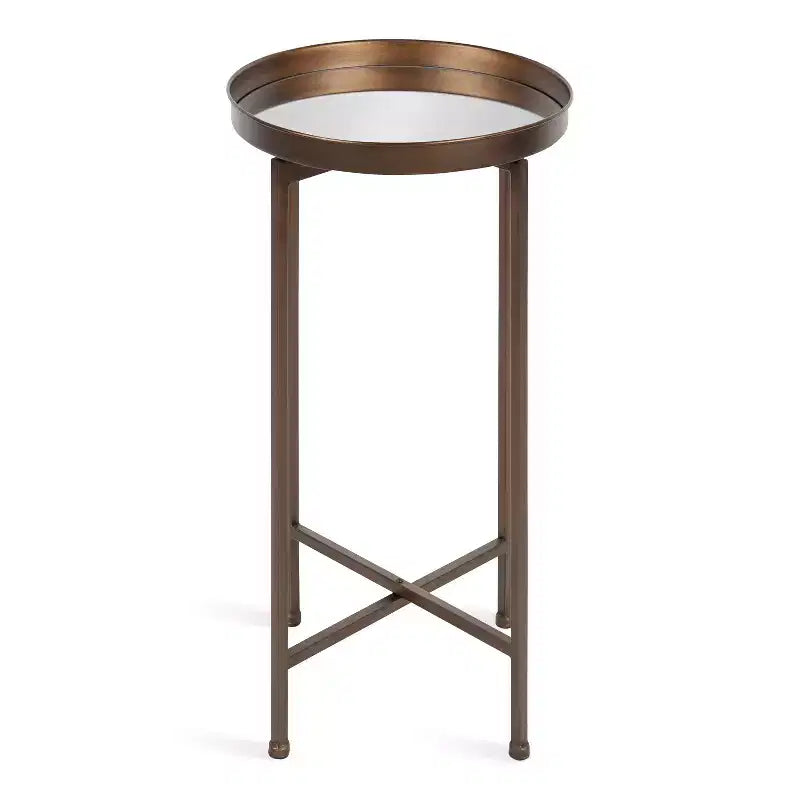 Round Metal Foldable Tray Accent Table – Black & Gold, 14" Tray, 25.75"H, Magnetic Top