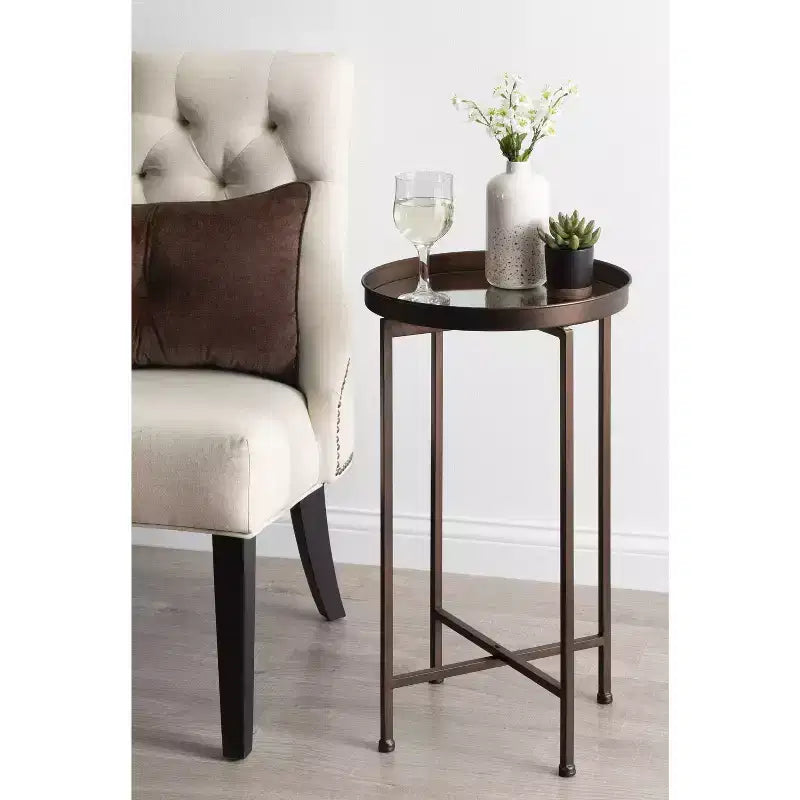 Round Metal Foldable Tray Accent Table – Black & Gold, 14" Tray, 25.75"H, Magnetic Top