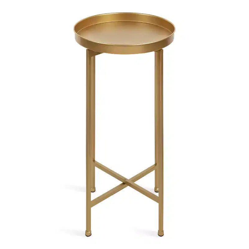 Round Metal Foldable Tray Accent Table – Black & Gold, 14" Tray, 25.75"H, Magnetic Top
