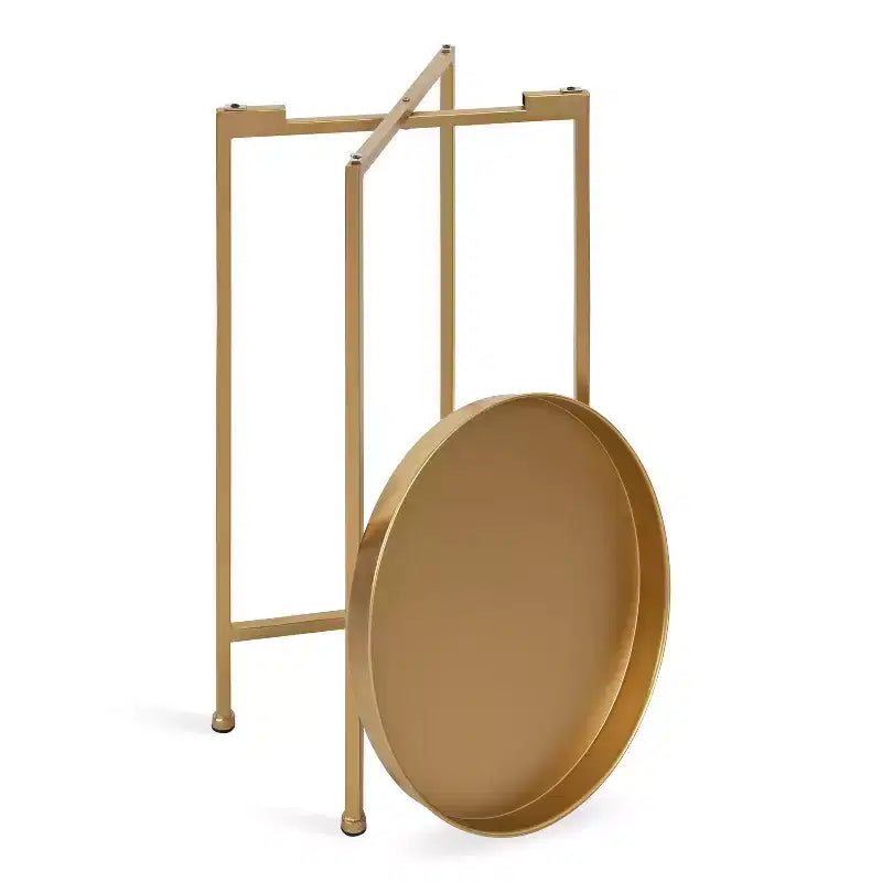 Round Metal Foldable Tray Accent Table – Black & Gold, 14" Tray, 25.75"H, Magnetic Top