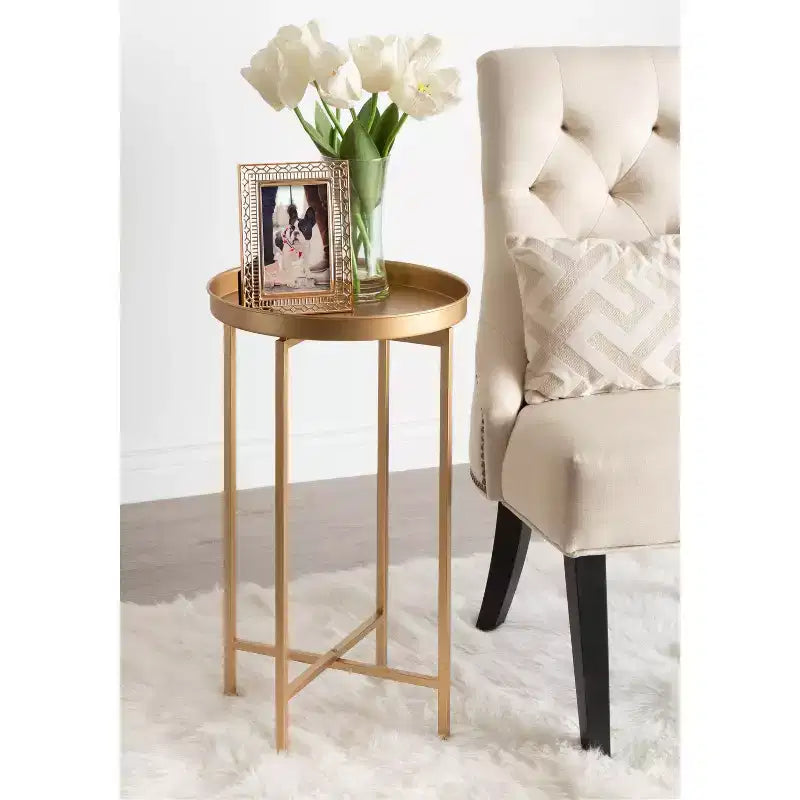 Round Metal Foldable Tray Accent Table – Black & Gold, 14" Tray, 25.75"H, Magnetic Top