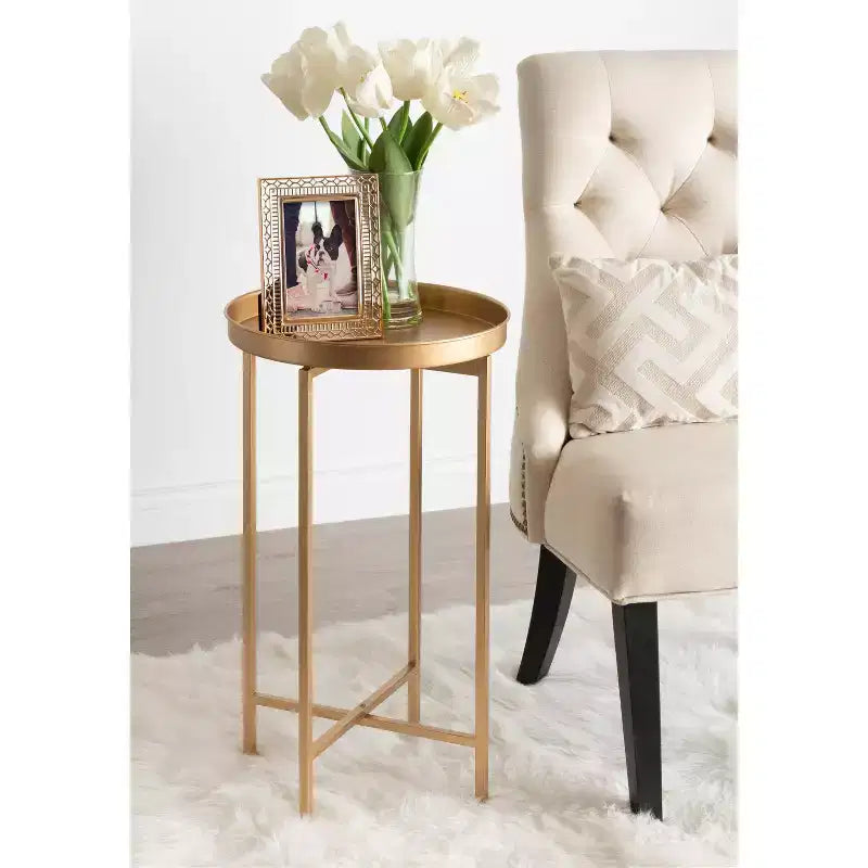 Round Metal Foldable Tray Accent Table – Black & Gold, 14" Tray, 25.75"H, Magnetic Top
