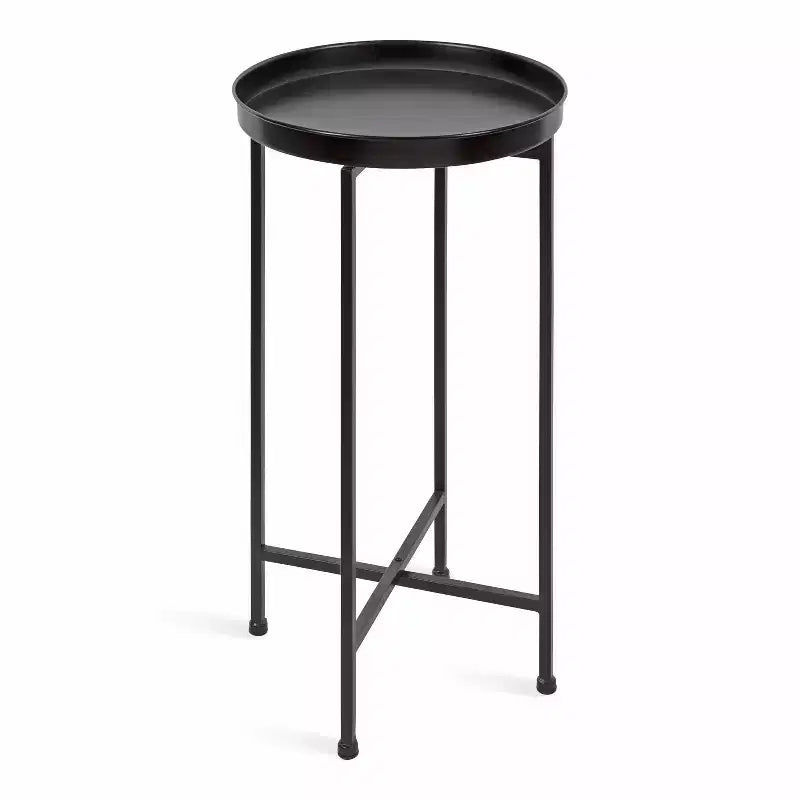 Round Metal Foldable Tray Accent Table – Black & Gold, 14" Tray, 25.75"H, Magnetic Top