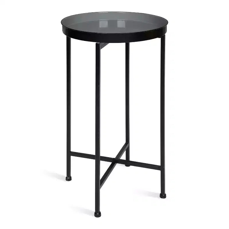 Round Metal Foldable Tray Accent Table – Black & Gold, 14" Tray, 25.75"H, Magnetic Top