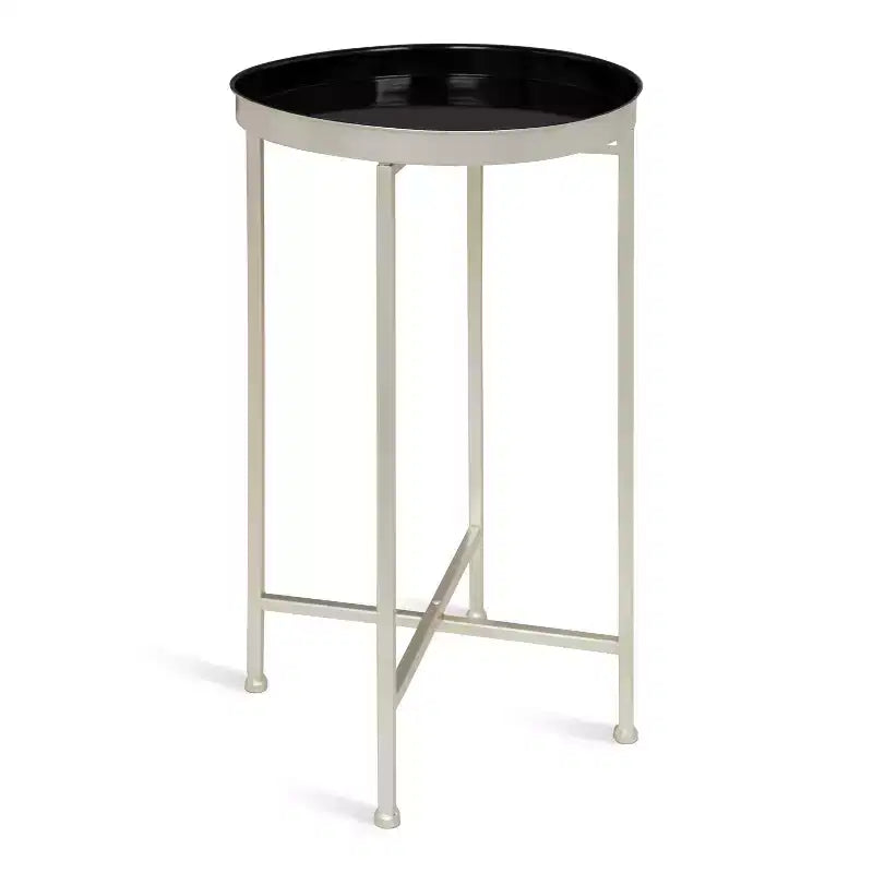 Round Metal Foldable Tray Accent Table – Black & Gold, 14" Tray, 25.75"H, Magnetic Top