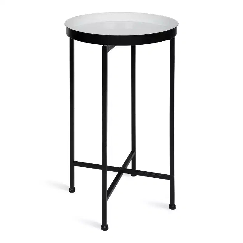 Round Metal Foldable Tray Accent Table – Black & Gold, 14" Tray, 25.75"H, Magnetic Top