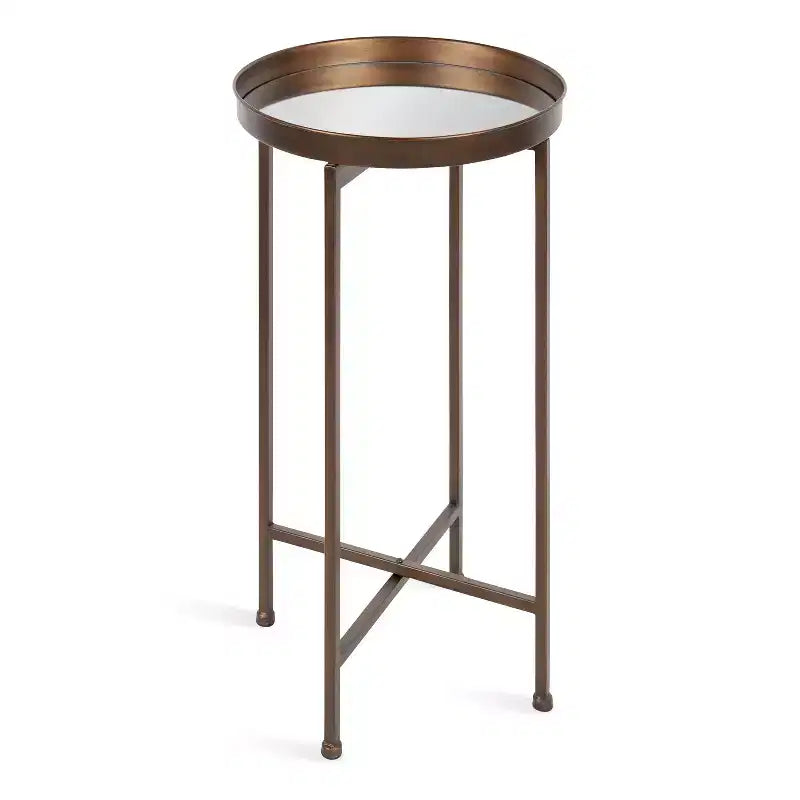 Round Metal Foldable Tray Accent Table – Black & Gold, 14" Tray, 25.75"H, Magnetic Top