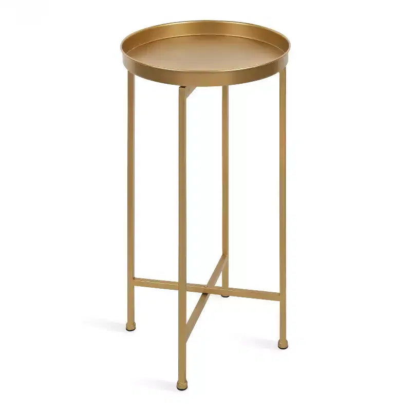Round Metal Foldable Tray Accent Table – Black & Gold, 14" Tray, 25.75"H, Magnetic Top