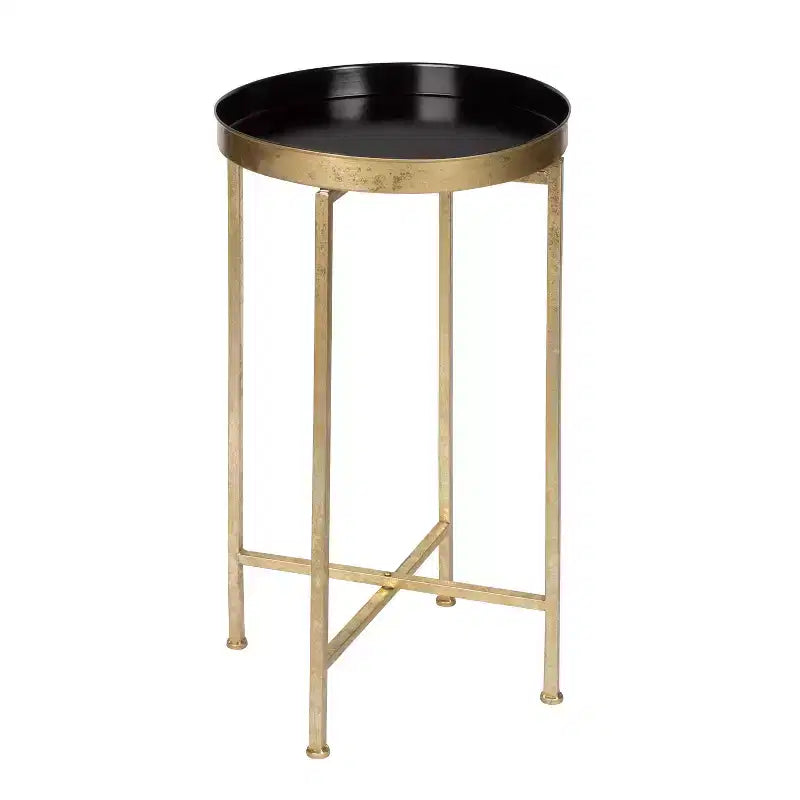 Round Metal Foldable Tray Accent Table – Black & Gold, 14" Tray, 25.75"H, Magnetic Top