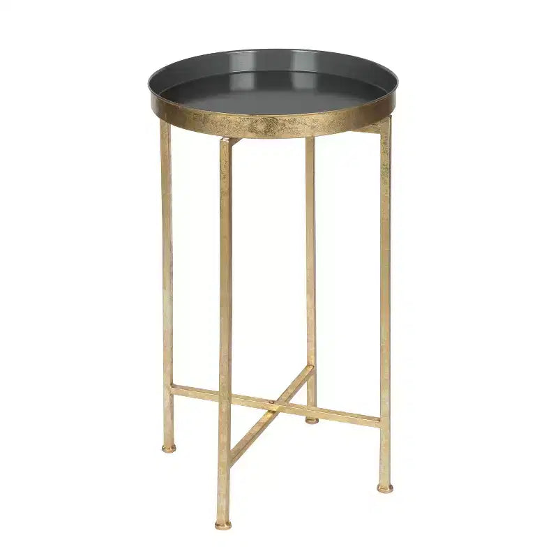 Round Metal Foldable Tray Accent Table – Black & Gold, 14" Tray, 25.75"H, Magnetic Top
