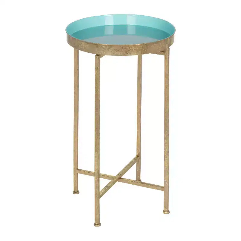 Round Metal Foldable Tray Accent Table – Black & Gold, 14" Tray, 25.75"H, Magnetic Top