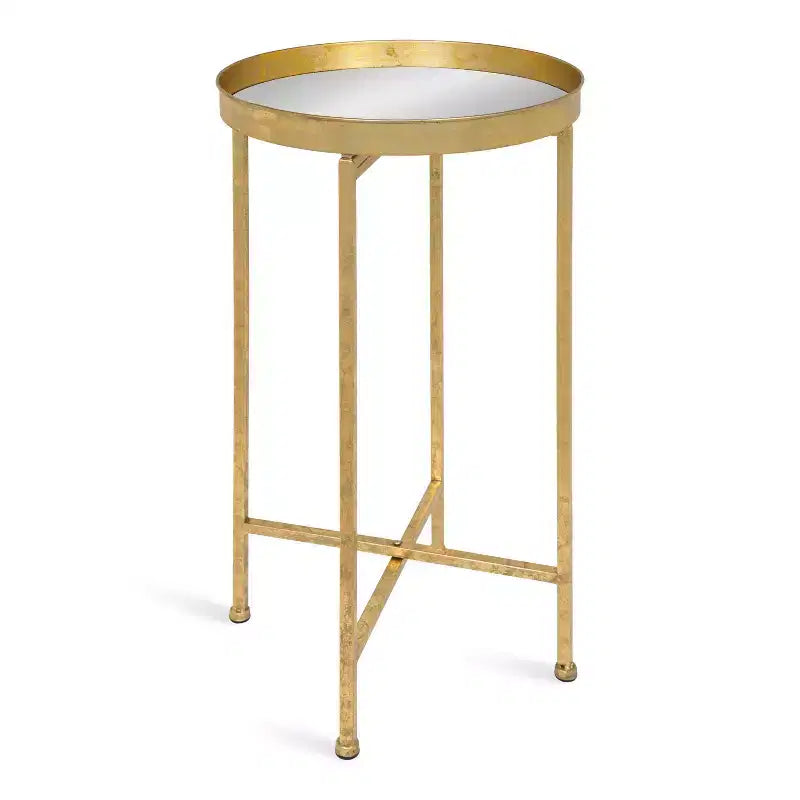 Round Metal Foldable Tray Accent Table – Black & Gold, 14" Tray, 25.75"H, Magnetic Top
