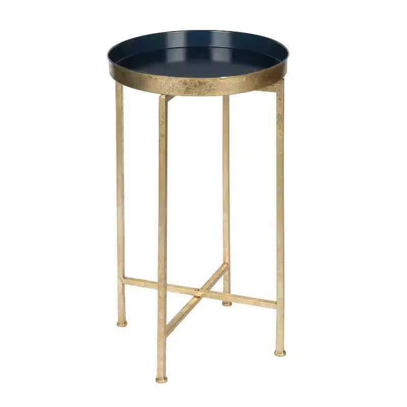 Round Metal Foldable Tray Accent Table – Black & Gold, 14" Tray, 25.75"H, Magnetic Top