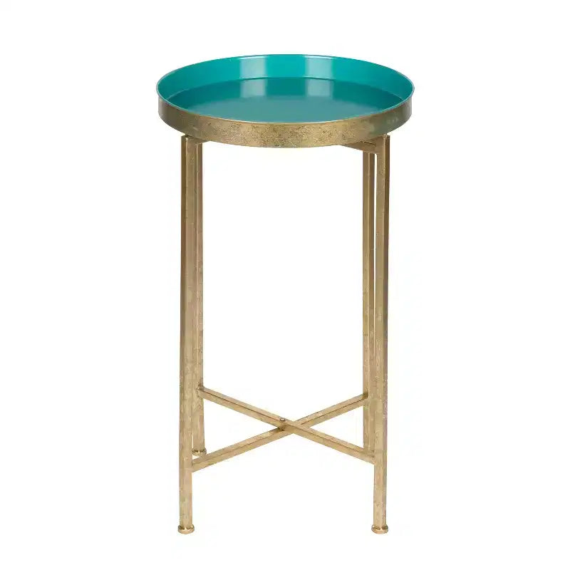 Round Metal Foldable Tray Accent Table – Black & Gold, 14" Tray, 25.75"H, Magnetic Top