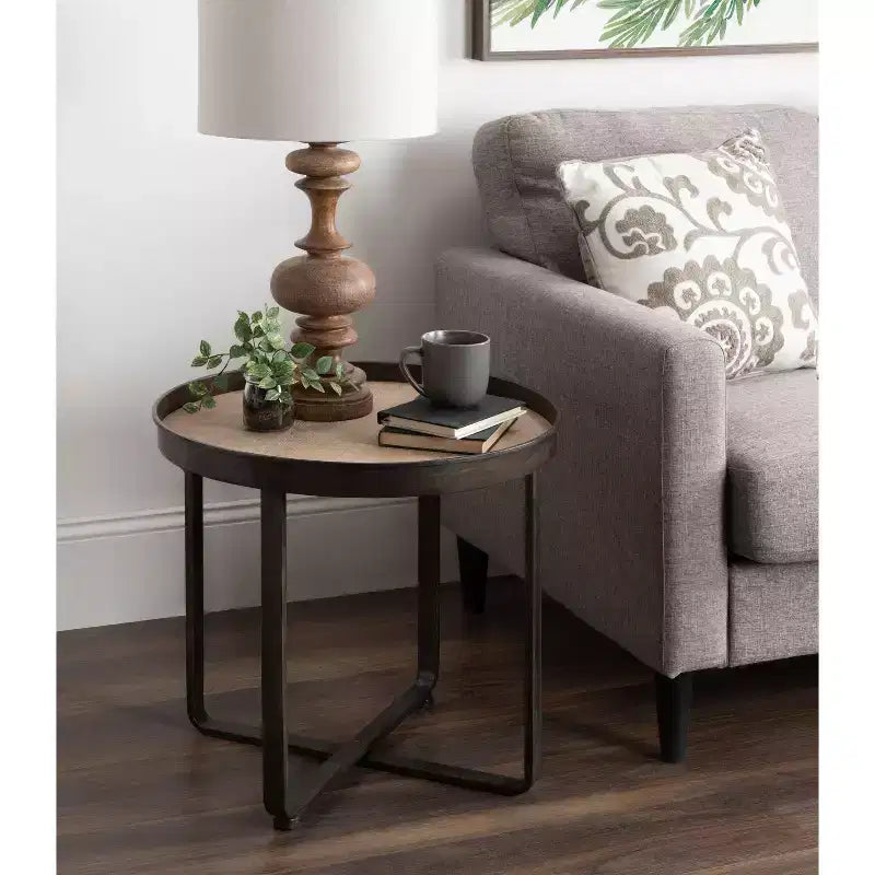 Round Industrial End Table – White Oak Top, Metal X-Frame, 22.5" Diameter, 20.5"H