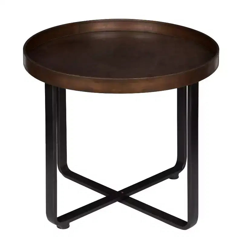 Round Industrial End Table – White Oak Top, Metal X-Frame, 22.5" Diameter, 20.5"H
