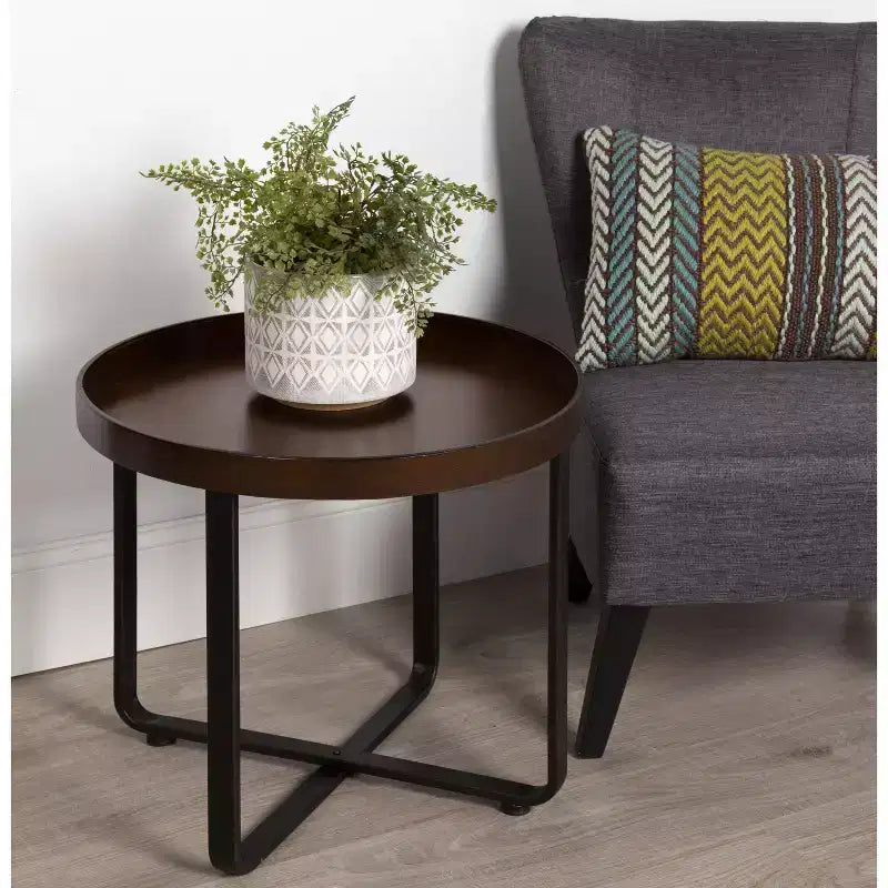 Round Industrial End Table – White Oak Top, Metal X-Frame, 22.5" Diameter, 20.5"H