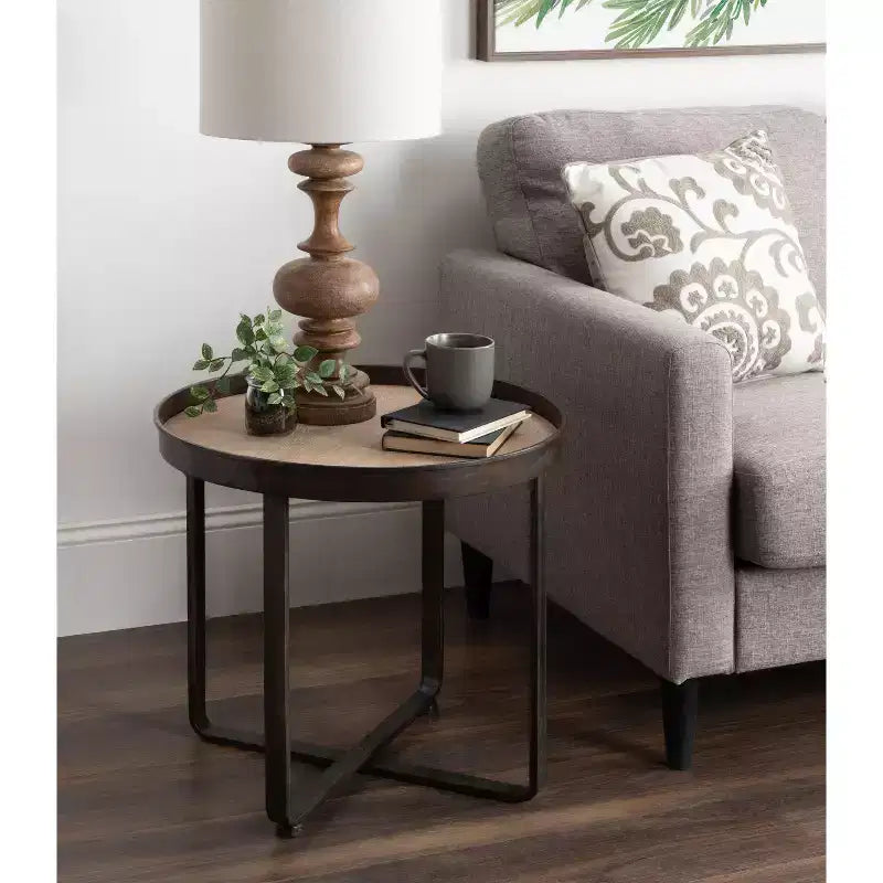 Round Industrial End Table – White Oak Top, Metal X-Frame, 22.5" Diameter, 20.5"H