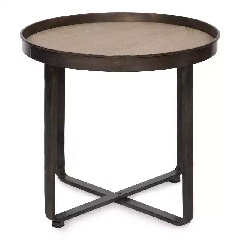 Round Industrial End Table – White Oak Top, Metal X-Frame, 22.5" Diameter, 20.5"H
