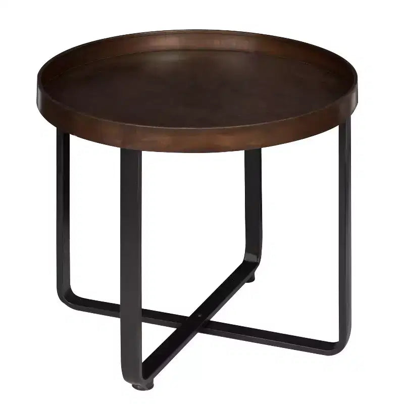 Round Industrial End Table – White Oak Top, Metal X-Frame, 22.5" Diameter, 20.5"H