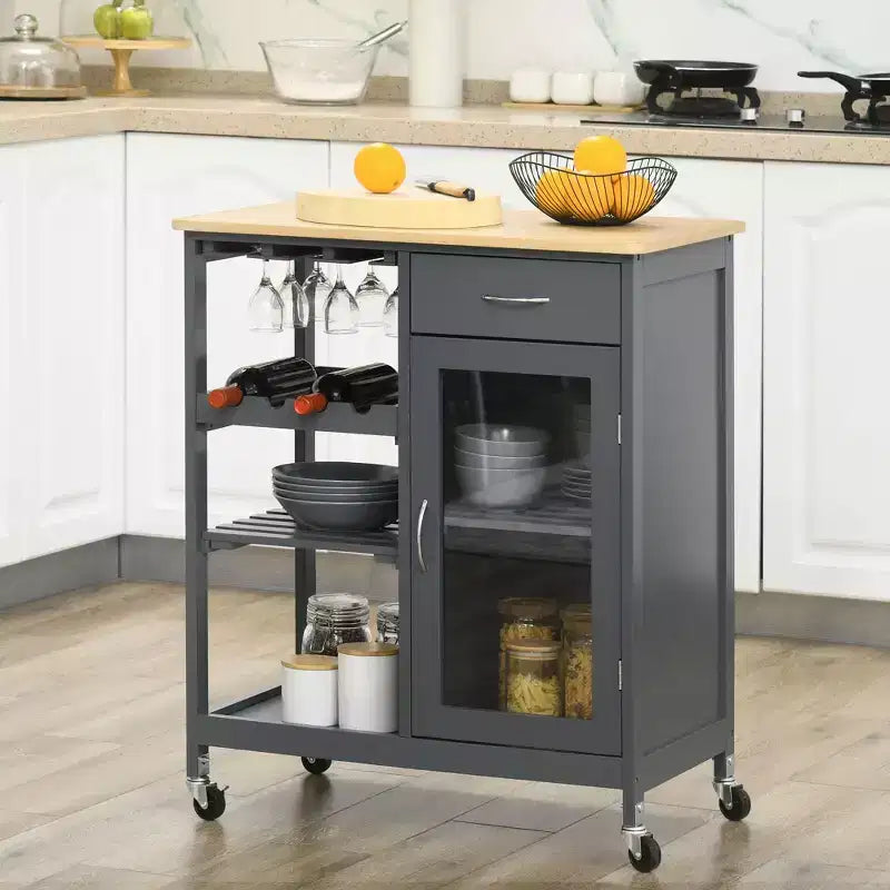 Rolling Kitchen Island Storage Cart – Bamboo Top, Drawer, Cabinet, Shelves & 4 Casters