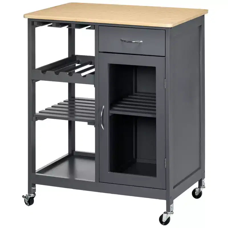 Rolling Kitchen Island Storage Cart – Bamboo Top, Drawer, Cabinet, Shelves & 4 Casters