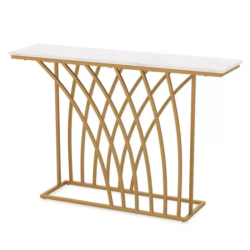 48" Modern Console Table – Faux Marble Top, Gold Metal Frame, Anti-Tip, 44 lb Capacity