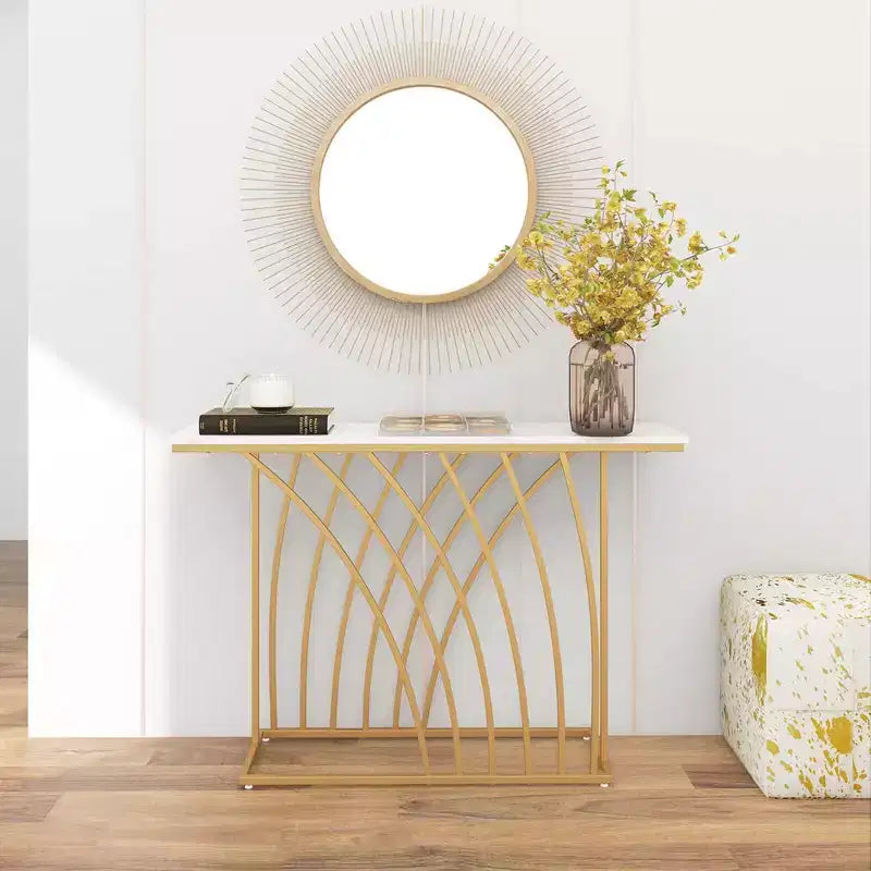 48" Modern Console Table – Faux Marble Top, Gold Metal Frame, Anti-Tip, 44 lb Capacity
