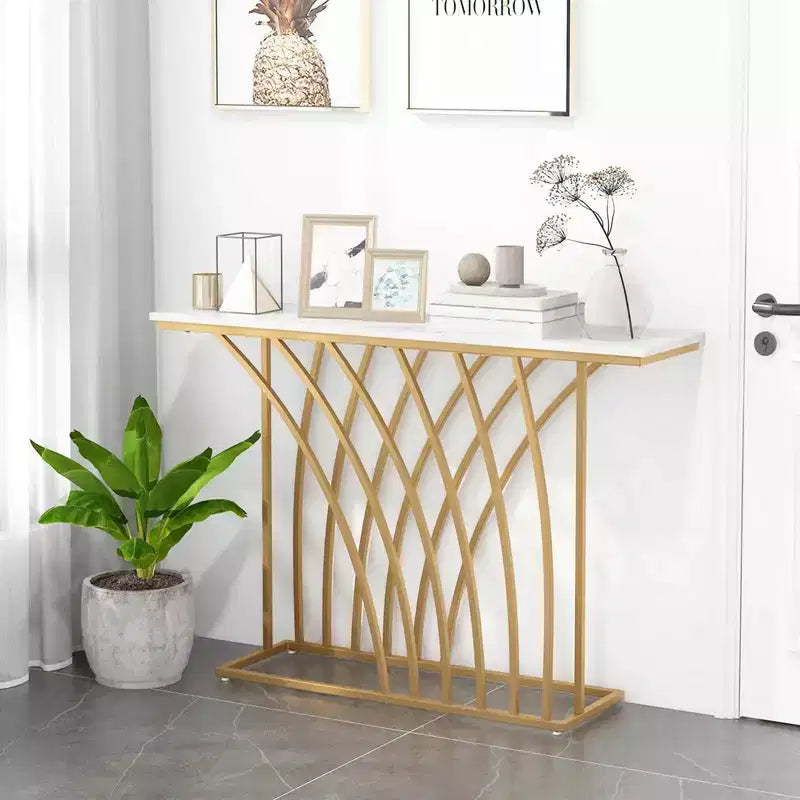 48" Modern Console Table – Faux Marble Top, Gold Metal Frame, Anti-Tip, 44 lb Capacity
