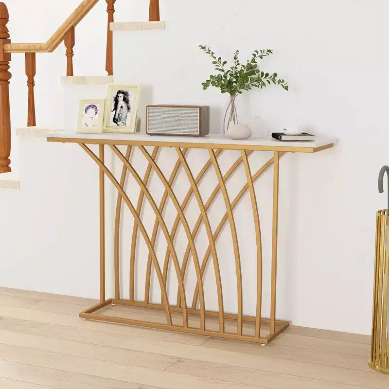 48" Modern Console Table – Faux Marble Top, Gold Metal Frame, Anti-Tip, 44 lb Capacity