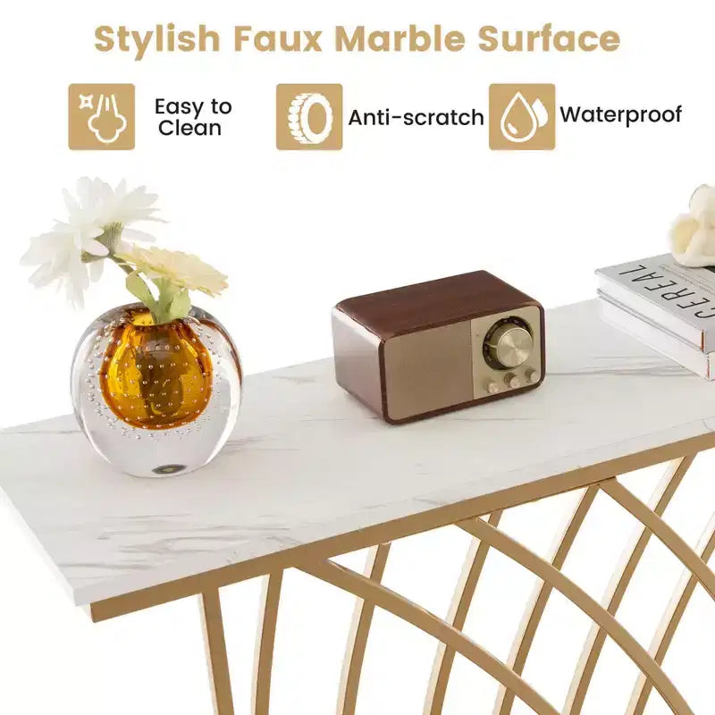 48" Modern Console Table – Faux Marble Top, Gold Metal Frame, Anti-Tip, 44 lb Capacity