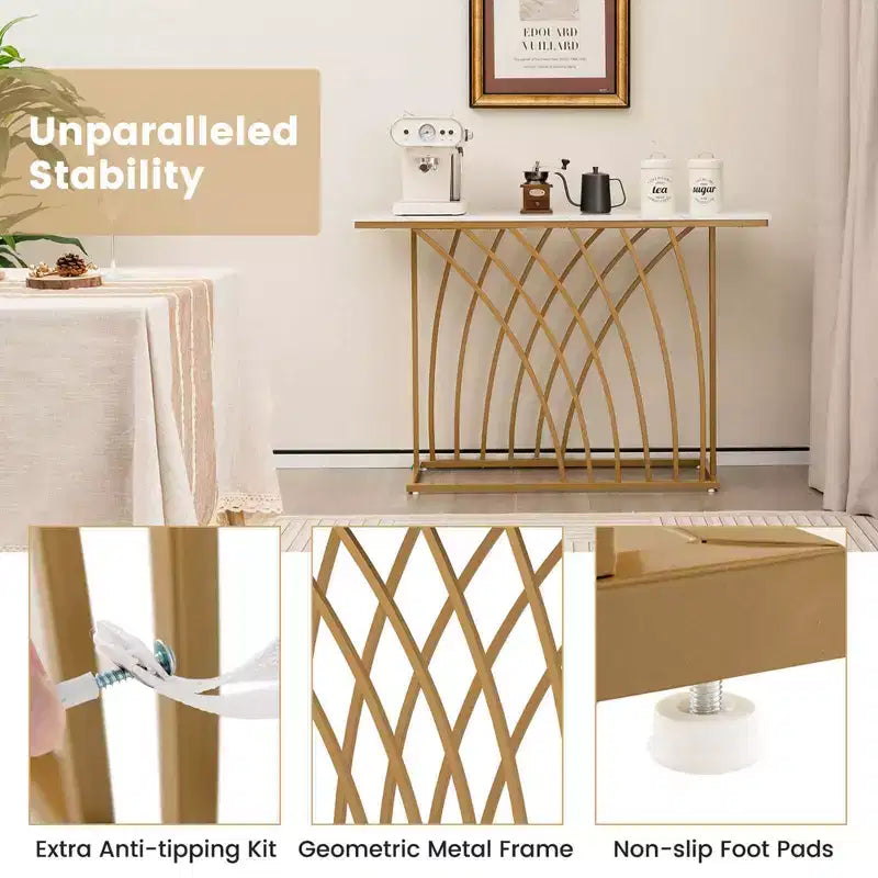 48" Modern Console Table – Faux Marble Top, Gold Metal Frame, Anti-Tip, 44 lb Capacity