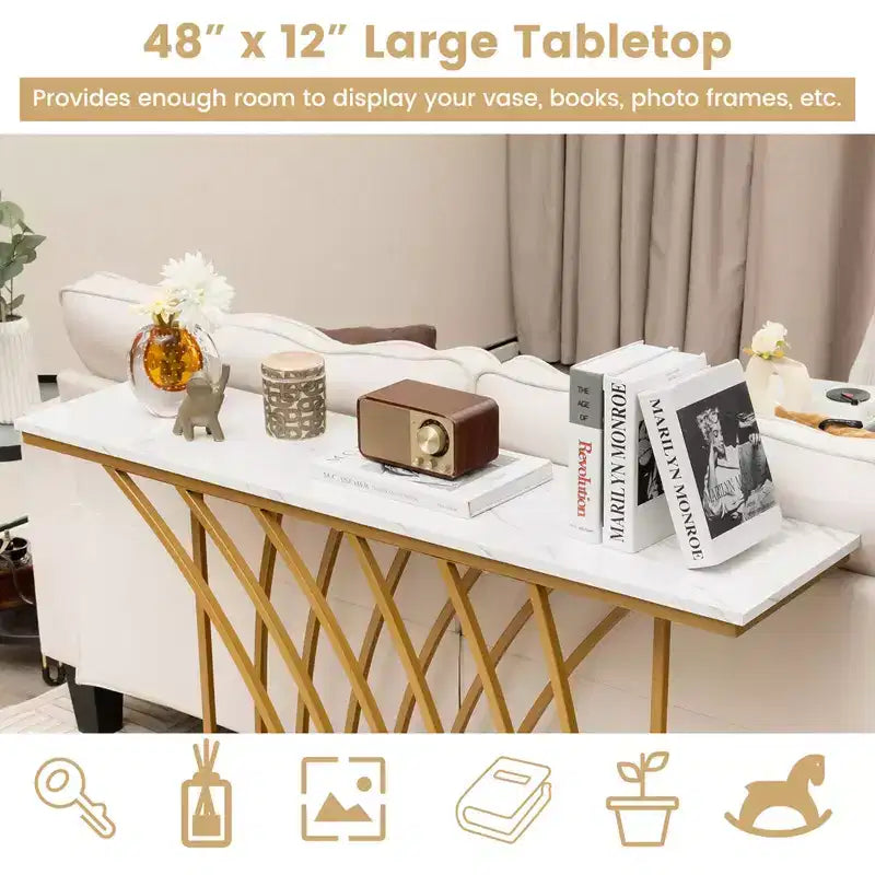 48" Modern Console Table – Faux Marble Top, Gold Metal Frame, Anti-Tip, 44 lb Capacity