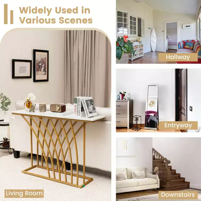 48" Modern Console Table – Faux Marble Top, Gold Metal Frame, Anti-Tip, 44 lb Capacity