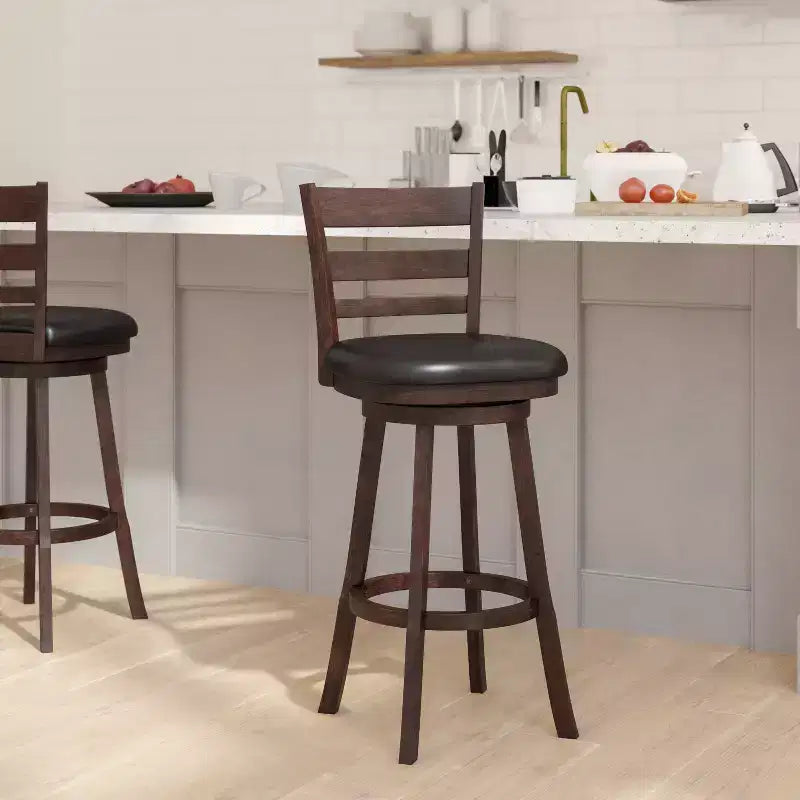 Wooden Ladderback Bar Height Dining Stool – Padded Swivel Seat, 360°, 300 lb Capacity