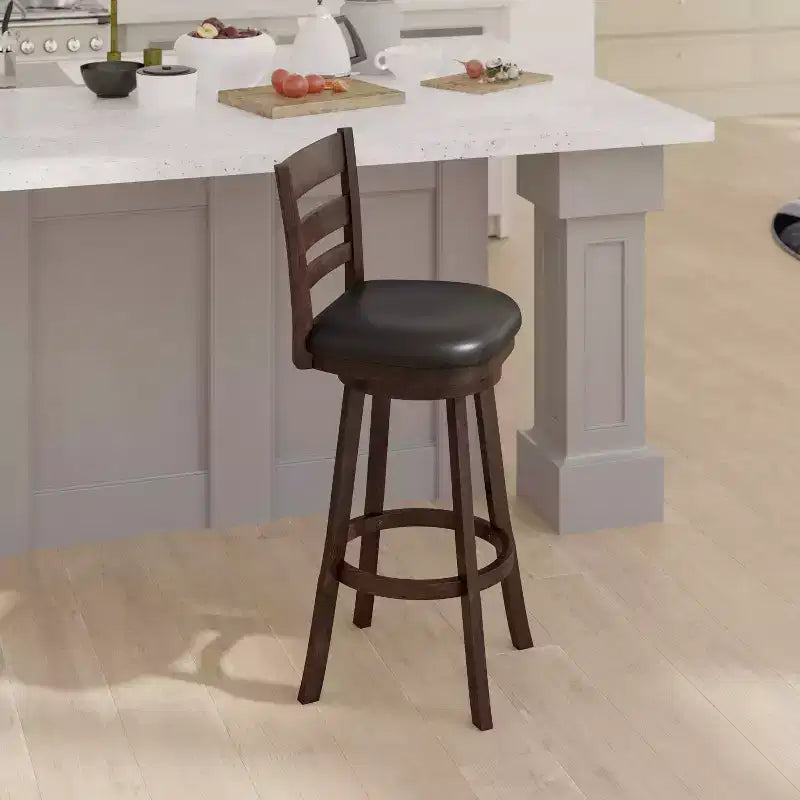 Wooden Ladderback Bar Height Dining Stool – Padded Swivel Seat, 360°, 300 lb Capacity