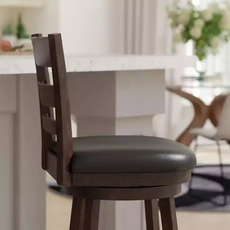 Wooden Ladderback Bar Height Dining Stool – Padded Swivel Seat, 360°, 300 lb Capacity