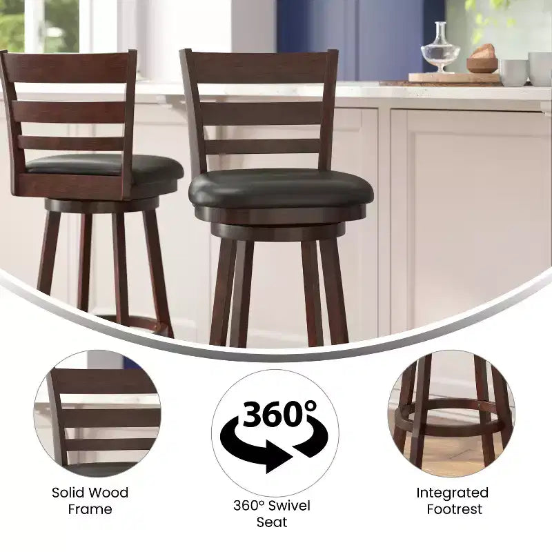 Wooden Ladderback Bar Height Dining Stool – Padded Swivel Seat, 360°, 300 lb Capacity