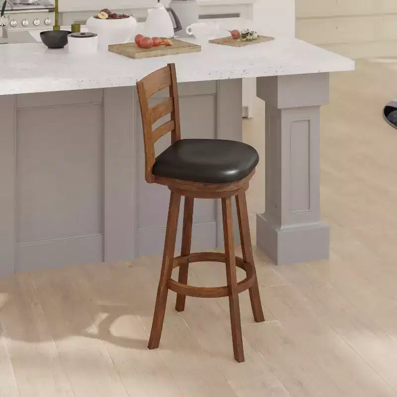 Wooden Ladderback Bar Height Dining Stool – Padded Swivel Seat, 360°, 300 lb Capacity