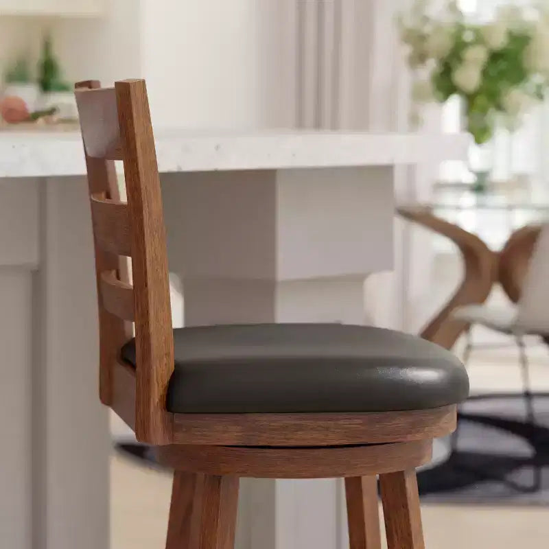 Wooden Ladderback Bar Height Dining Stool – Padded Swivel Seat, 360°, 300 lb Capacity