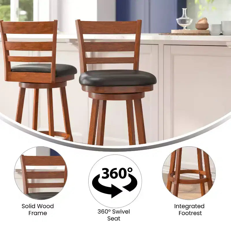 Wooden Ladderback Bar Height Dining Stool – Padded Swivel Seat, 360°, 300 lb Capacity