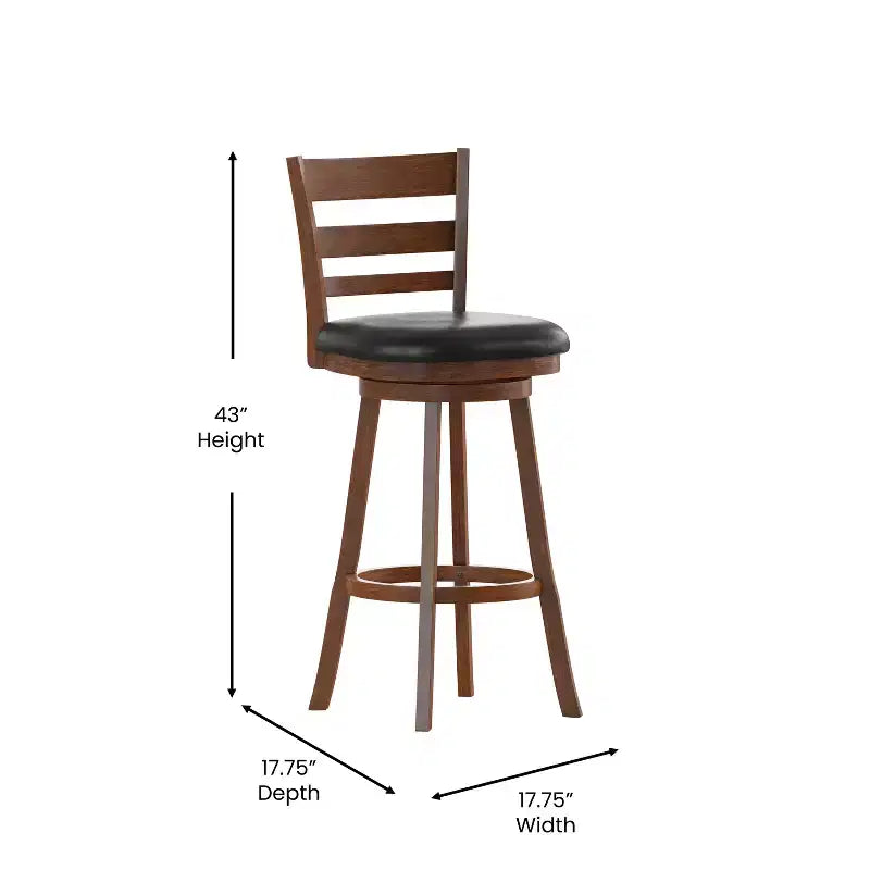 Wooden Ladderback Bar Height Dining Stool – Padded Swivel Seat, 360°, 300 lb Capacity