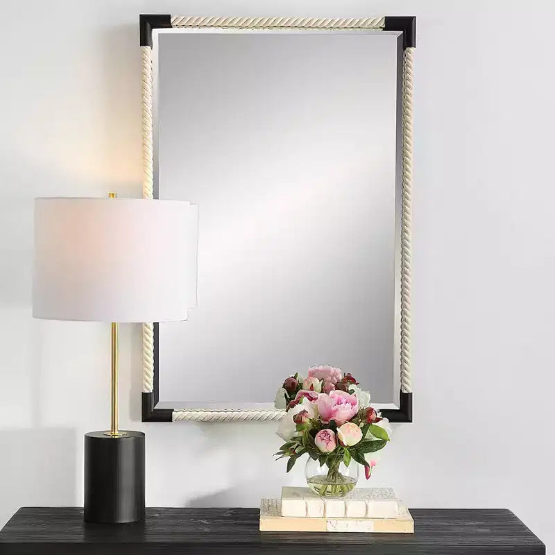 23.75x35.5" Coastal Rectangle Wall Mirror – White Rope & Black Iron Frame, Beveled Glass