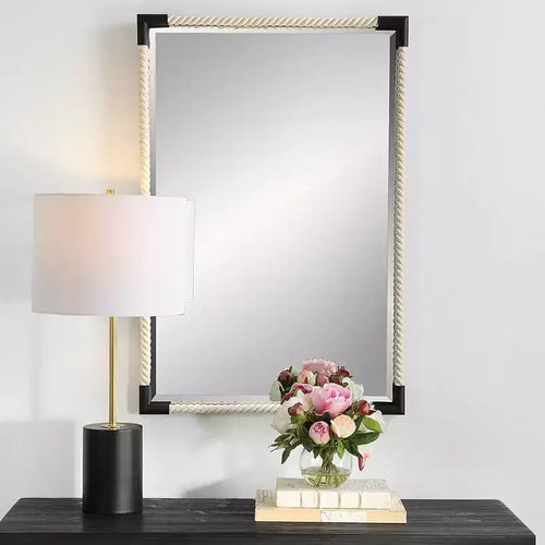 23.75x35.5" Coastal Rectangle Wall Mirror – White Rope & Black Iron Frame, Beveled Glass