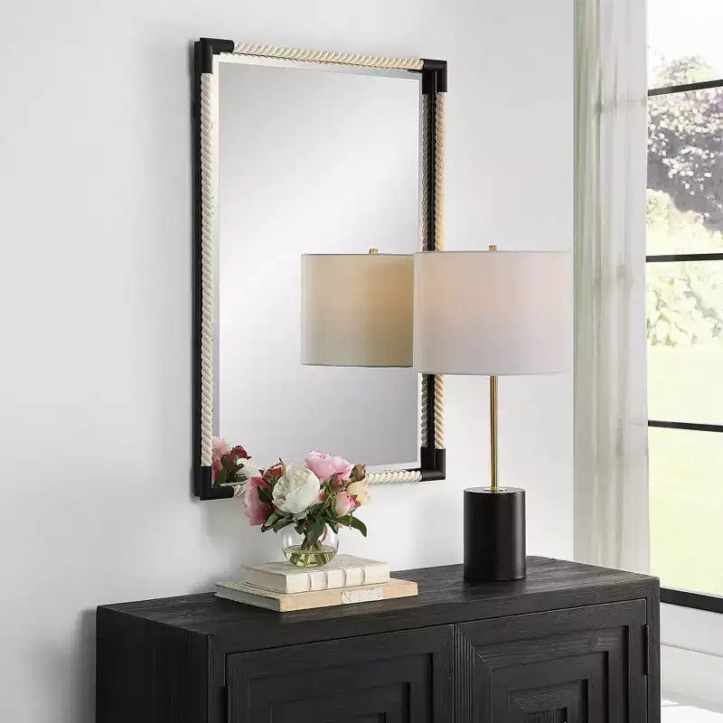 23.75x35.5" Coastal Rectangle Wall Mirror – White Rope & Black Iron Frame, Beveled Glass