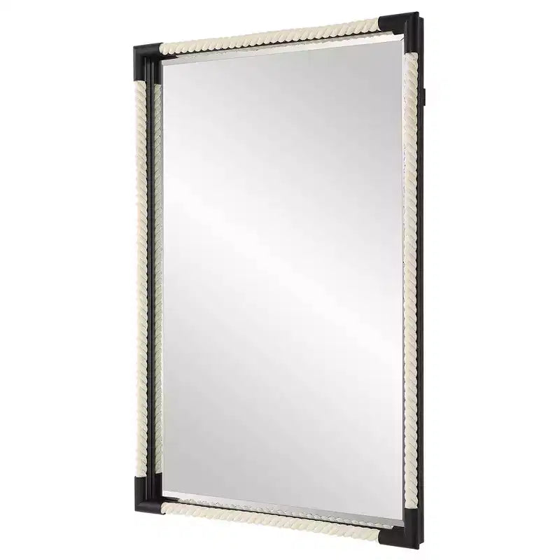 23.75x35.5" Coastal Rectangle Wall Mirror – White Rope & Black Iron Frame, Beveled Glass