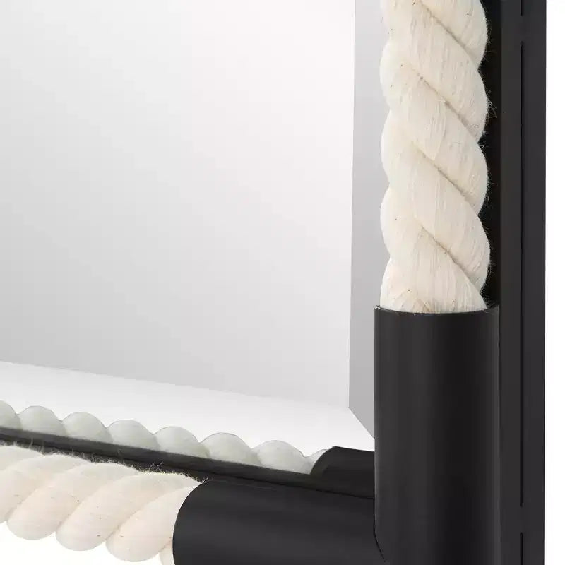 23.75x35.5" Coastal Rectangle Wall Mirror – White Rope & Black Iron Frame, Beveled Glass