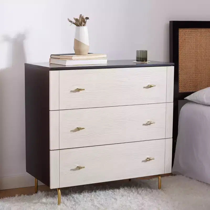 3-Drawer Dresser Walnut & Black – Mahogany & MDF, Gold Hardware, 50 lb/Drawer