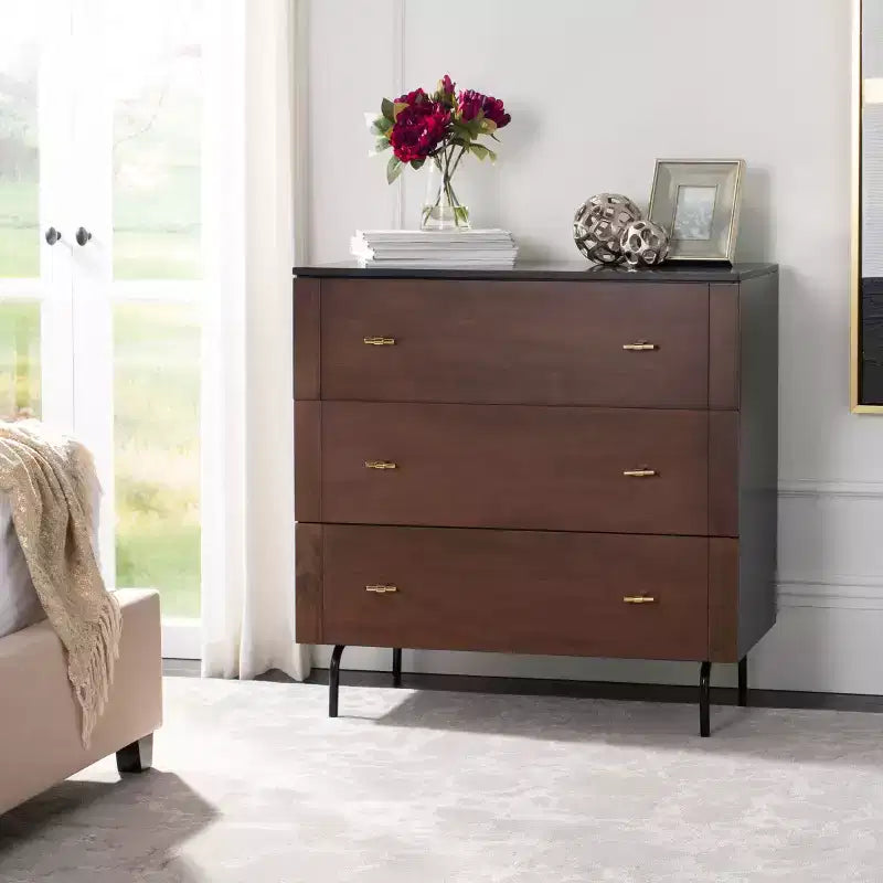 3-Drawer Dresser Walnut & Black – Mahogany & MDF, Gold Hardware, 50 lb/Drawer